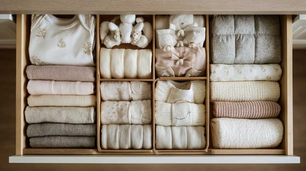 Baby dresser drawer with neatly folded clothes and organizers