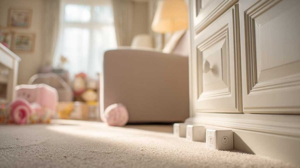 babyproofed home interior with outlet covers and cabinet locks