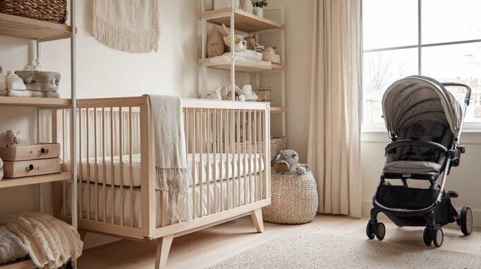 calm baby nursery with essential baby gear for new parents