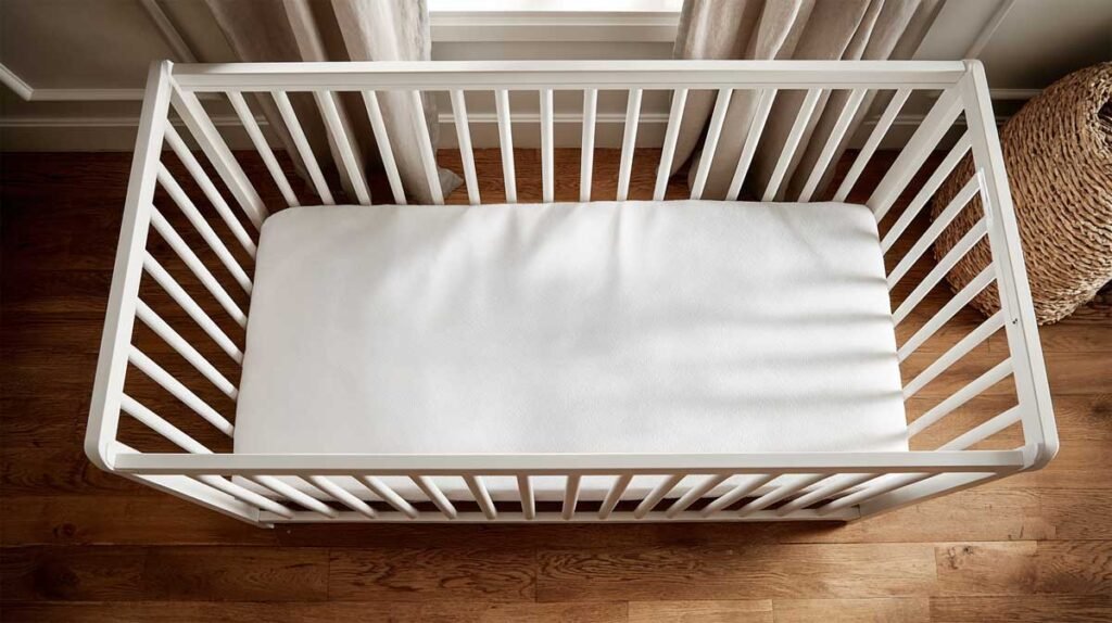 crib mattress showing safe two-finger fit guideline for newborns