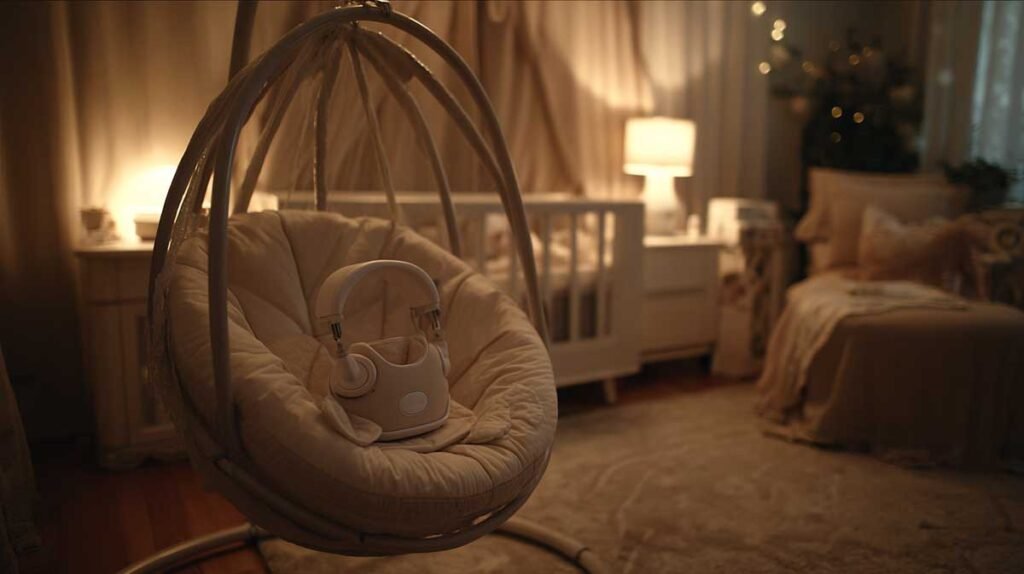 newborn soothing setup with baby swing and sound machine