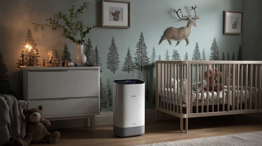Nursery air purifier and humidifier placed safely away from crib