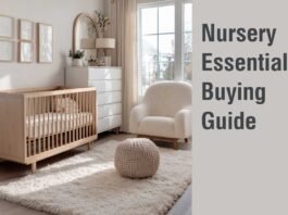 Modern airy nursery with crib, dresser, and cozy feeding chair
