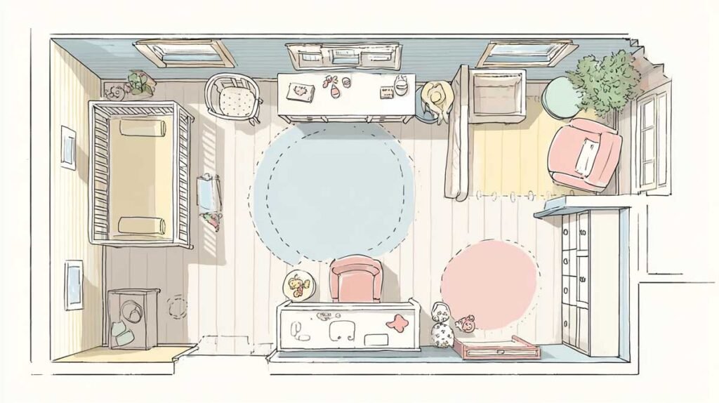 Nursery essentials buying guide Nursery layout diagram with sleep, feeding, diapering, and storage zones