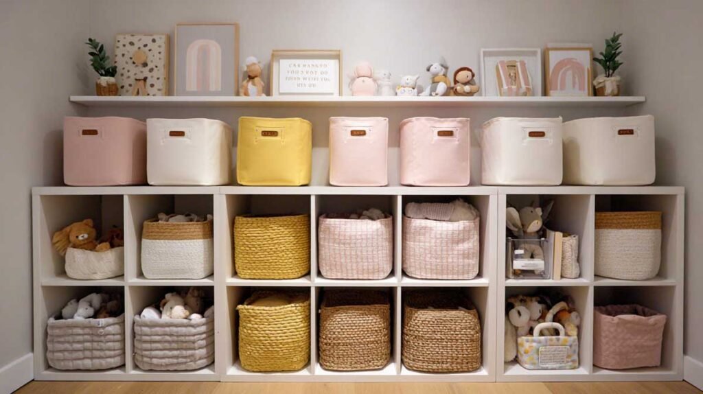 Nursery storage bins and labeled baskets for baby clothes