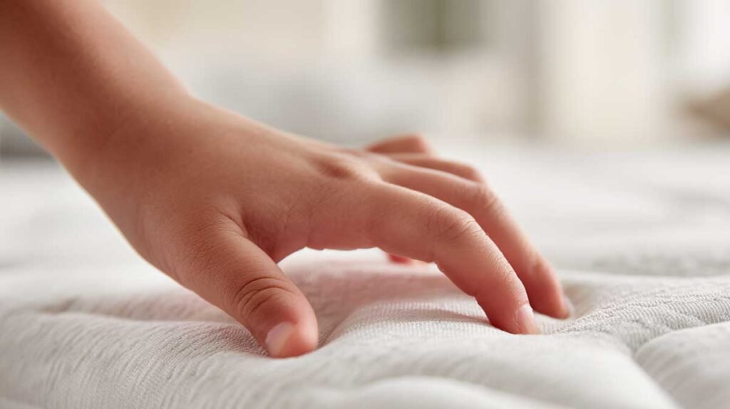 hand checking firmness of a newborn crib mattress according to AAP guidelines