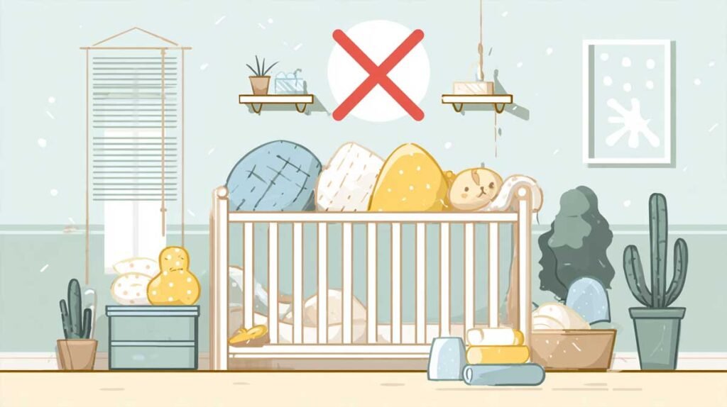 unsafe crib items such as pillows blankets and bumpers shown as not allowed