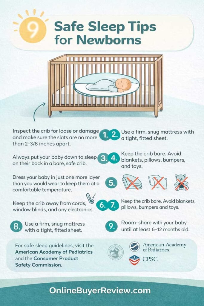 9 safe sleep tips for newborns infographic showing crib setup and AAP guidelines