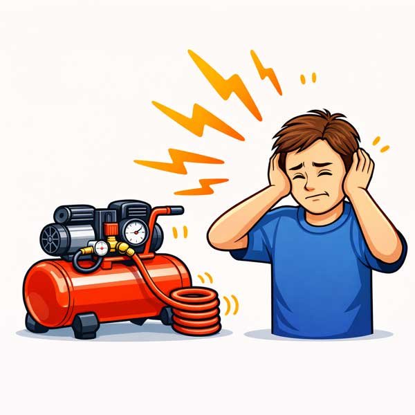 person covering ears next to a loud air compressor in a home garage