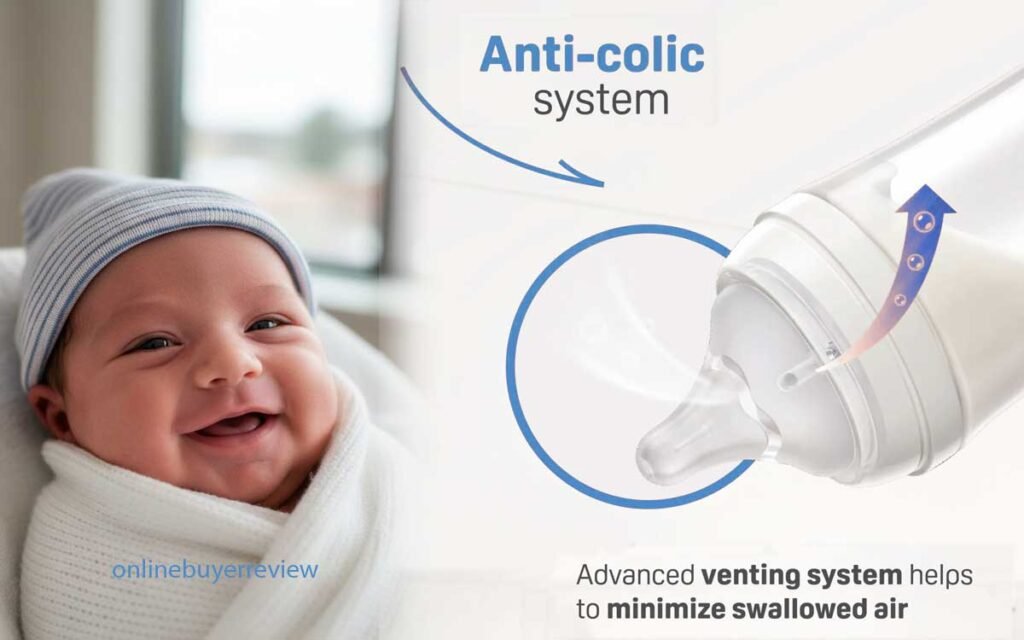 anti-colic vent system inside a newborn baby bottle
