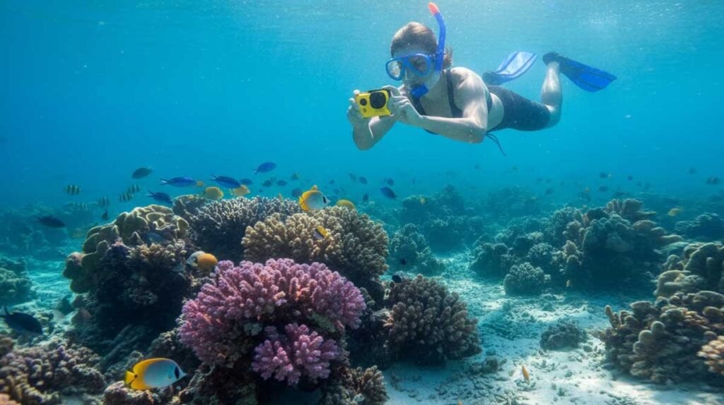 Beginner underwater photographer capturing a clear and colorful photo while snorkeling in shallow water
