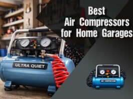 quiet air compressor operating in an indoor home garage environment