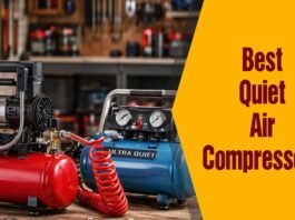 quiet air compressor operating in an indoor home garage environment