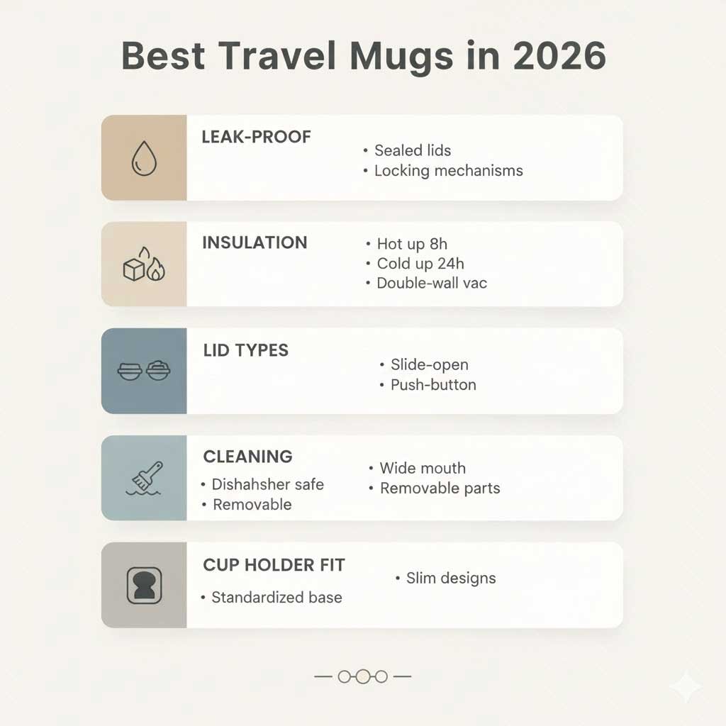 best travel mugs checklist with leak-proof and insulation icons
