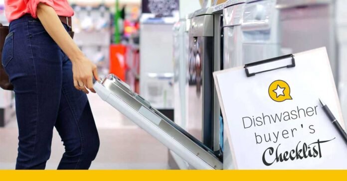 checklist for choosing a dishwasher shown woman with checklist in a retail appliance store