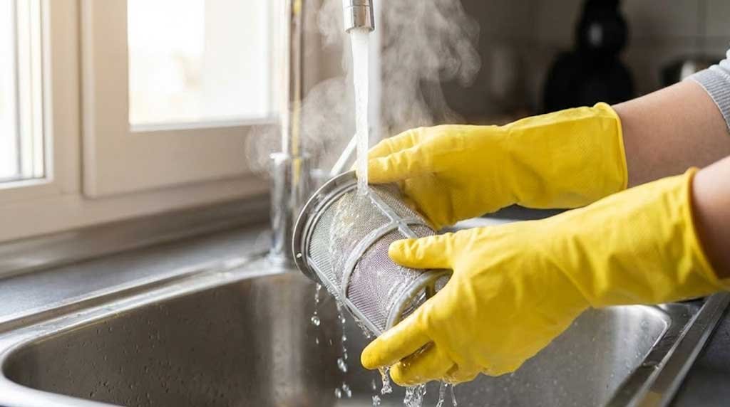Person cleaning dishwasher filter under warm water in a modern kitchen