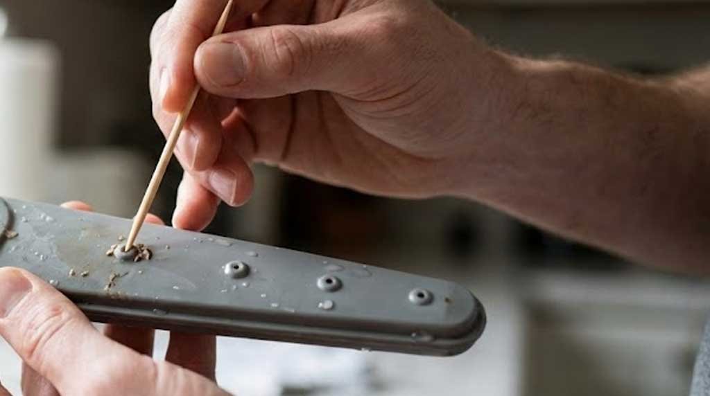 Cleaning clogged spray holes on a dishwasher spray arm using a toothpick