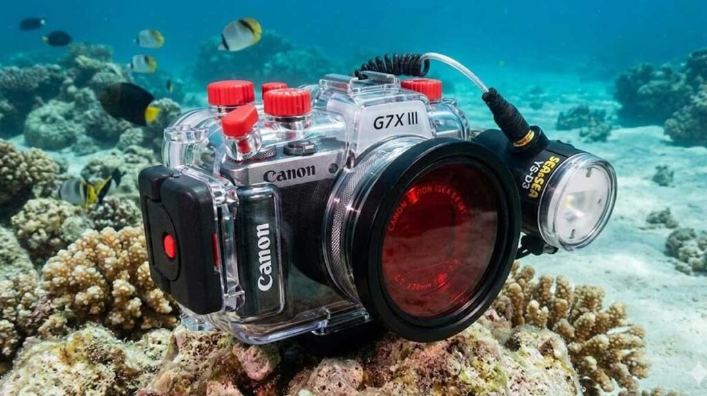 Compact camera inside underwater housing used for scuba diving photography