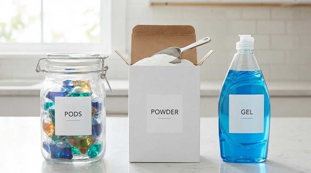 Different dishwasher detergent types: pods, powder, and gel on kitchen counter