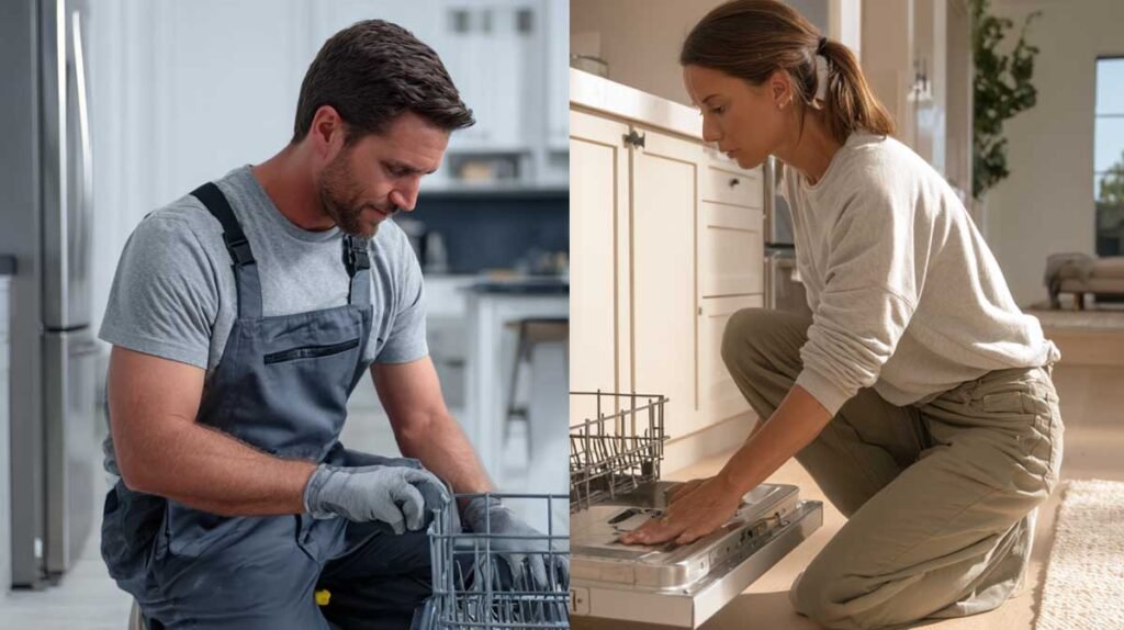Comparison between DIY dishwasher installation and professional installer working in a kitchen