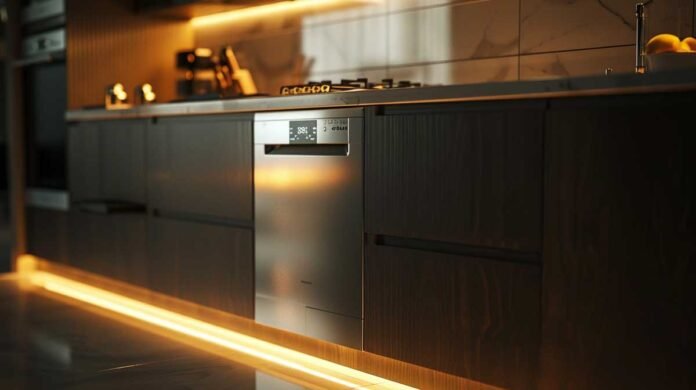 tainless steel dishwasher running overnight in a modern kitchen with soft ambient light