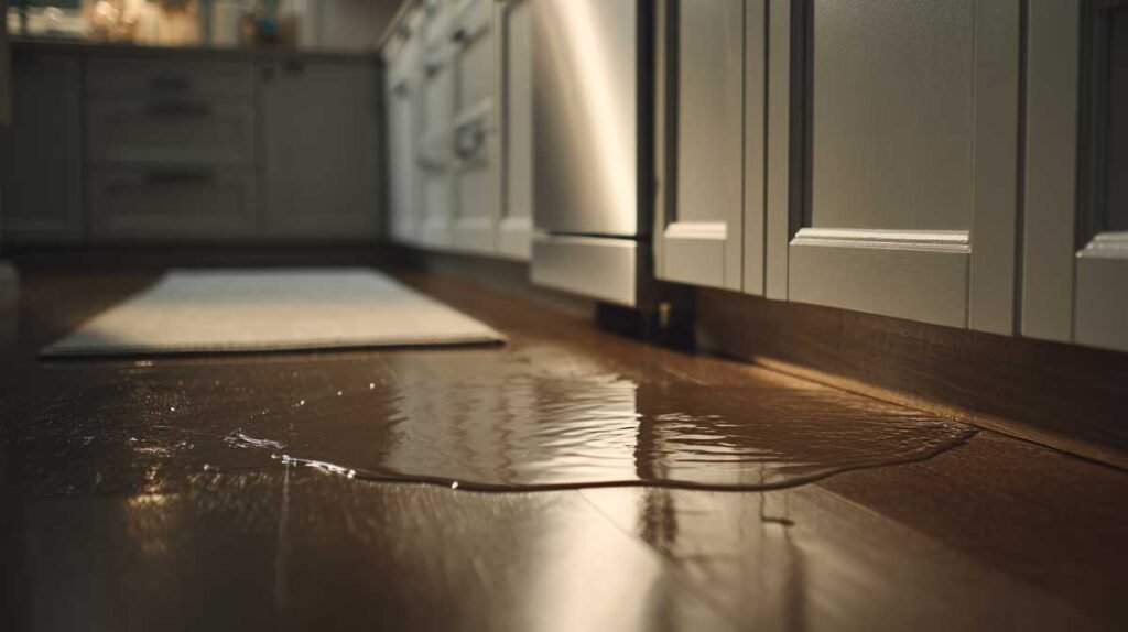 Water leak under dishwasher on hardwood floor at night
