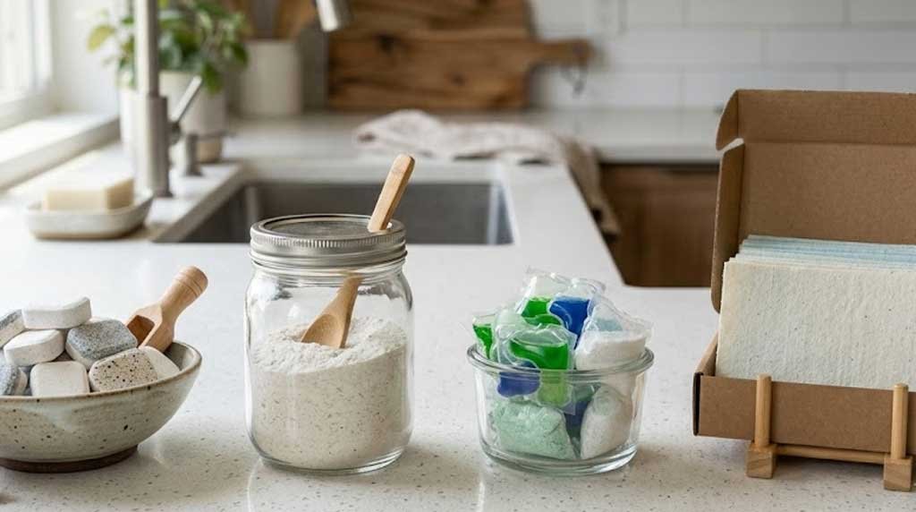 Comparing eco-friendly dishwasher detergent tablets pods powder and sheets