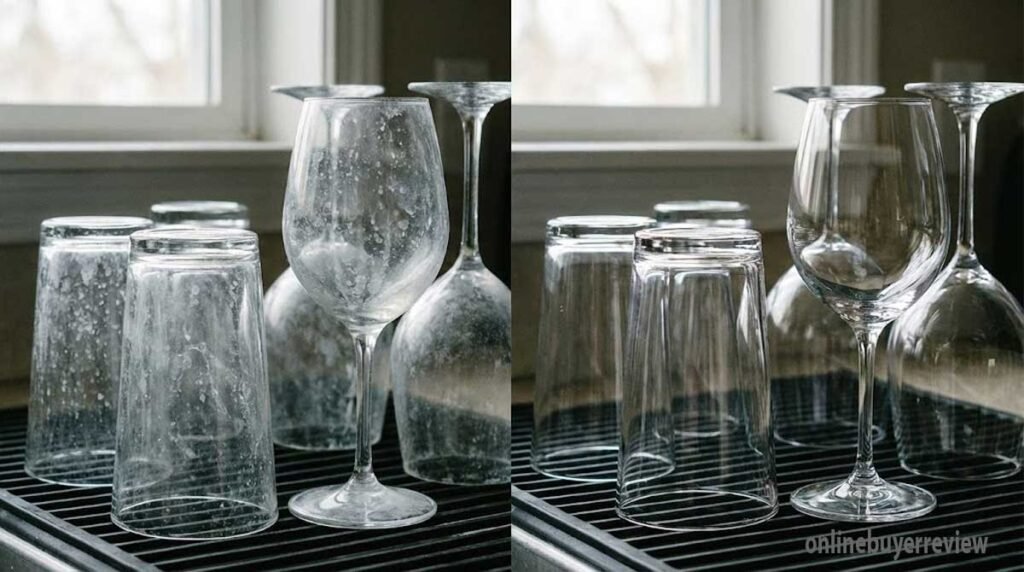 Before and after dishes affected by hard water residue