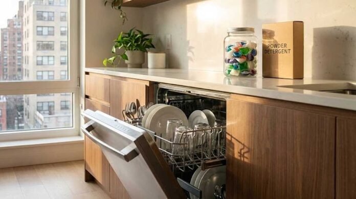 Sparkling dishes in a built-in dishwasher using hard water detergent