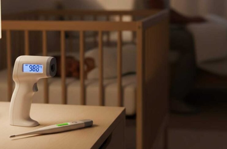 parent holding baby thermometer during calm nighttime newborn check