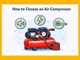 homeowner choosing an air compressor in a garage workshop