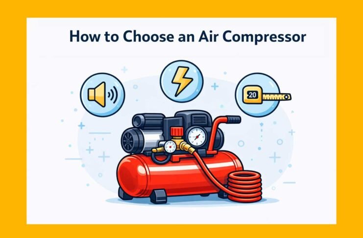 homeowner choosing an air compressor in a garage workshop