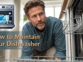 Man inspecting dishwasher noise level in a modern kitchen for maintenance