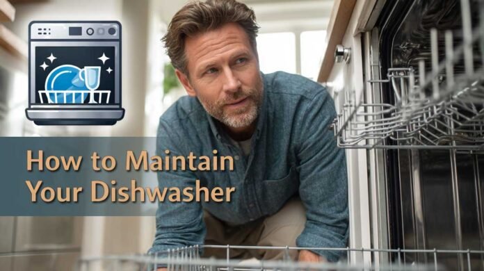 Man inspecting dishwasher noise level in a modern kitchen for maintenance