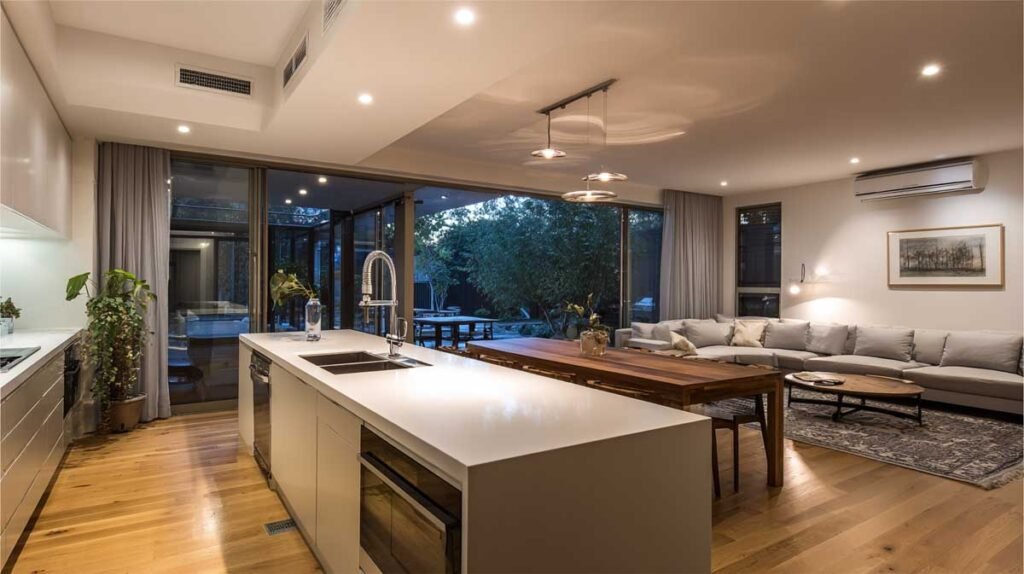 smart dishwasher in open-plan kitchen home