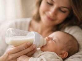 mother gently feeding her newborn baby with a bottle during a calm and loving moment