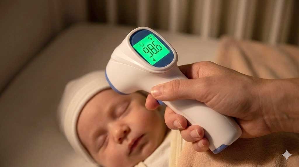 non-contact forehead thermometer being used near a sleeping newborn
