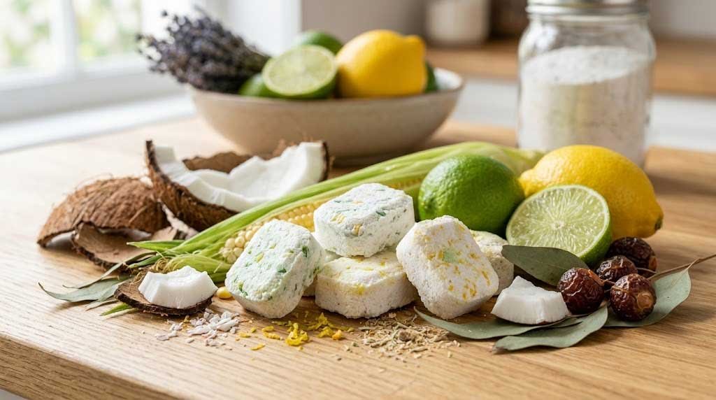 Plant-based biodegradable ingredients used in eco dishwasher detergents