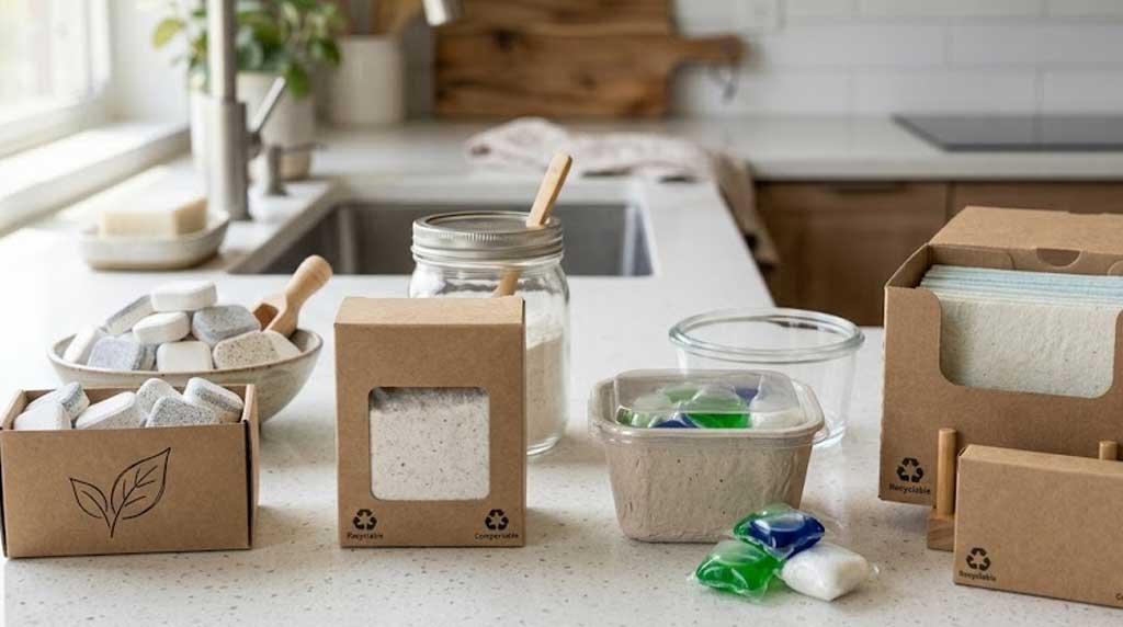 Plastic-free eco-friendly dishwasher detergent packaging