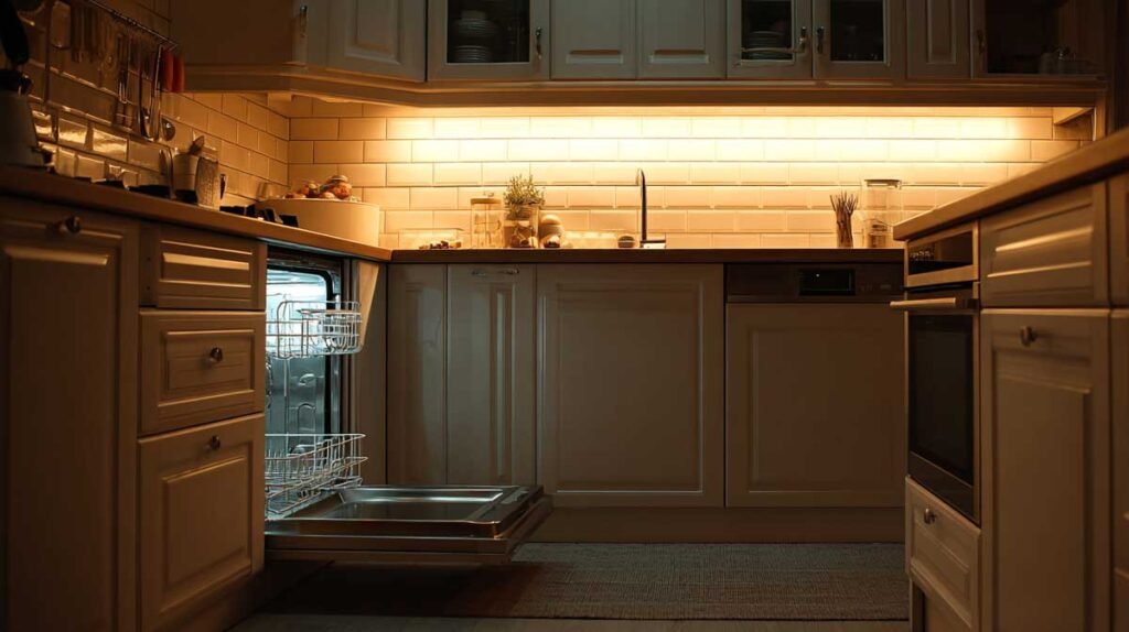 Quiet dishwasher running at night in peaceful modern kitchenSlug: