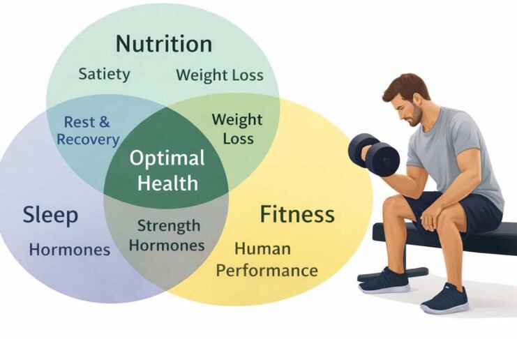 Balanced home fitness lifestyle infographic - training, recovery, nutrions, and healthy routine