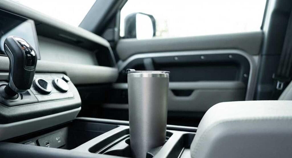 slim travel mug fitting inside a standard car cup holder