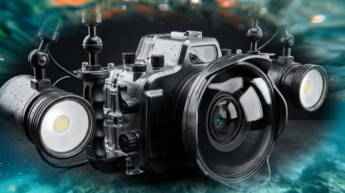essential underwater camera accessories including housing lights and tray setup