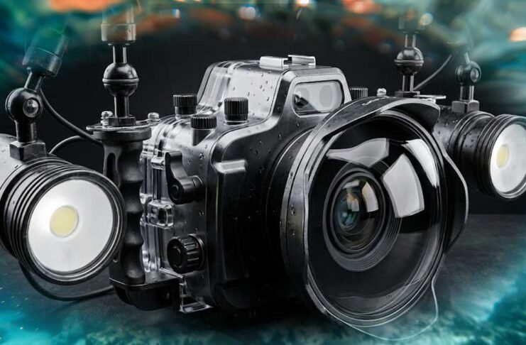 essential underwater camera accessories including housing lights and tray setup