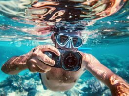 person using an underwater camera while snorkeling in clear ocean water