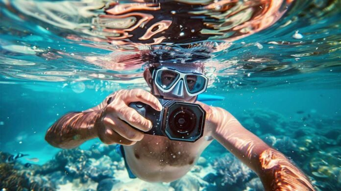 person using an underwater camera while snorkeling in clear ocean water