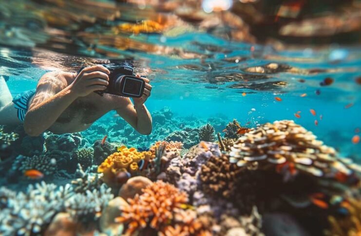 Beginner underwater photographer capturing colorful marine life in clear water using a compact camera