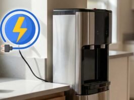 modern hot and cold water dispenser plugged into wall outlet in an American home kitchen