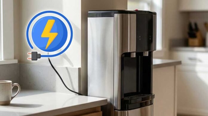 modern hot and cold water dispenser plugged into wall outlet in an American home kitchen
