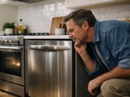 Man in a kitchen listening to a running dishwasher to understand normal and abnormal sounds